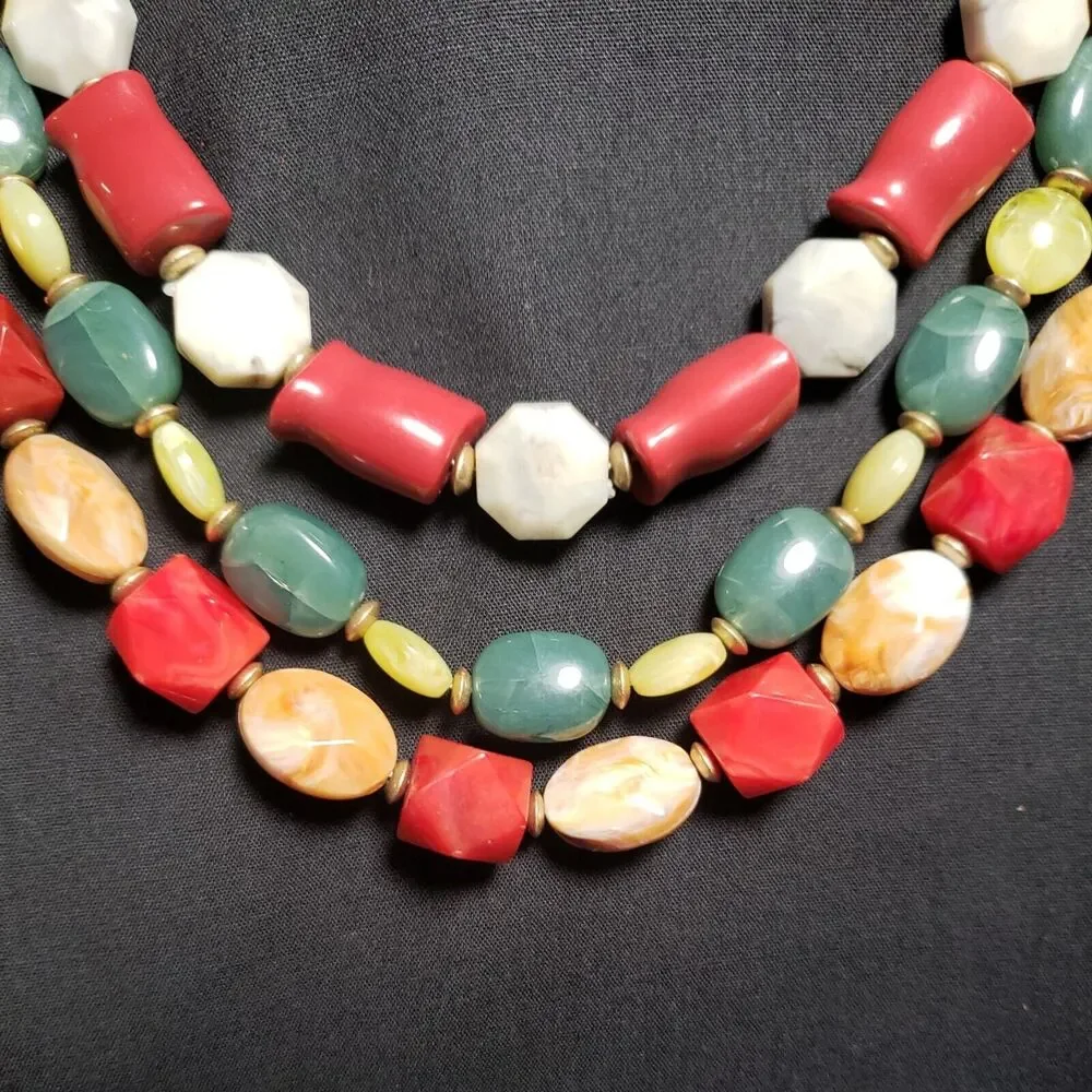 Dana Buchman Signed Three Layer Multicolored Necklace, Matte Yellow Gold Tone